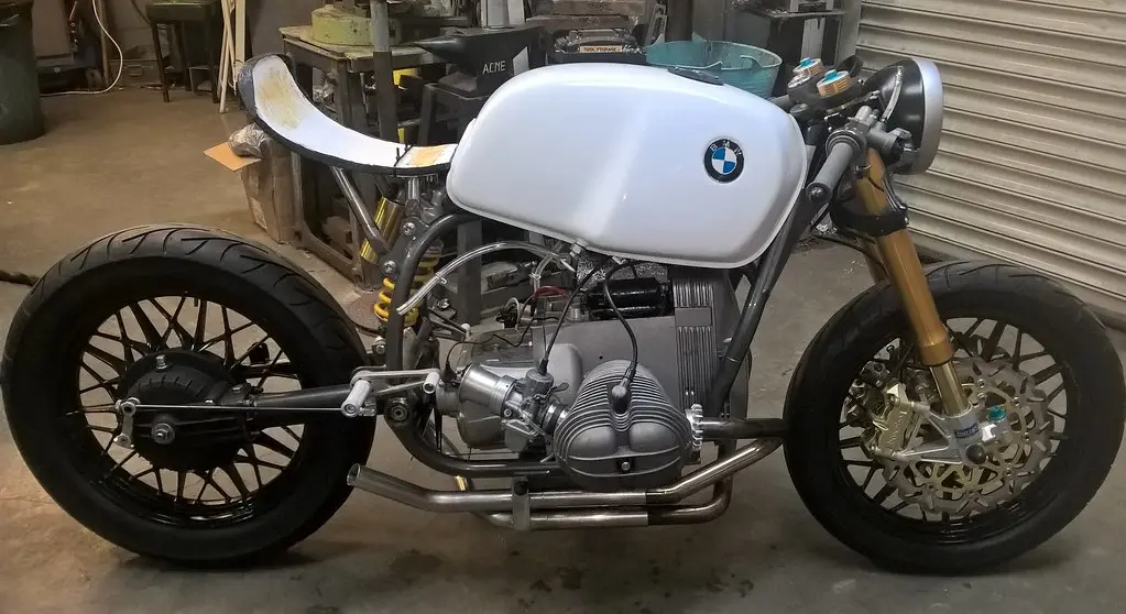 BMW motorcycle with bespoke metal fabrication completed by Faraday Fabrications
